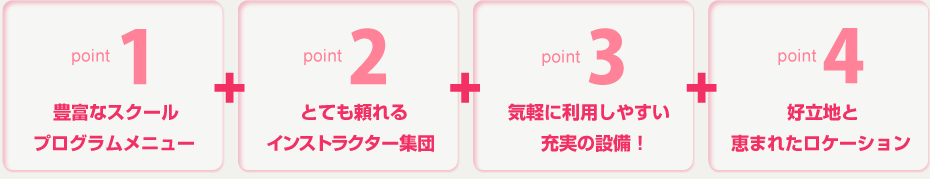 豊富なスクールプログラムメニュー/とても頼れるインストラクター集団/気軽に利用しやすい充実の設備！/好立地と恵まれたロケーション